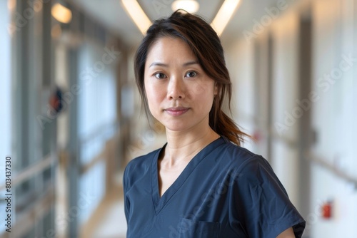 Portrait of a professional woman in medical scrubs standing in a brightly lit hospital corridor, looking at the camera with a poised and confident expression