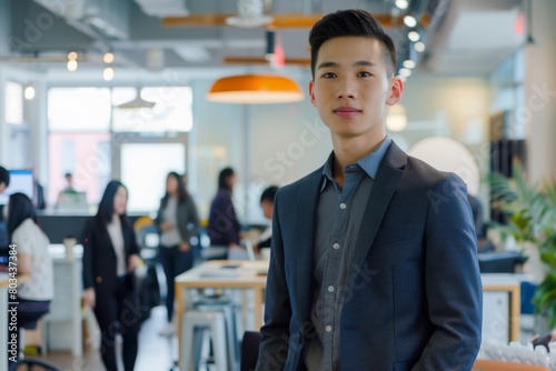 Wallpaper Mural Young, well-dressed businessman standing in a vibrant office setting, exuding confidence and readiness, with his colleagues engaging in work activities softly blurred in the background Torontodigital.ca