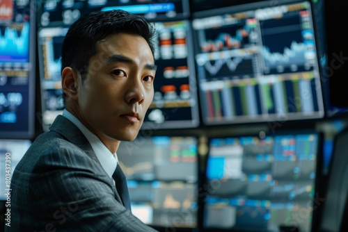 Attentive male financial analyst in a sharp suit looks over with determination, surrounded by multiple screens displaying dynamic stock market data in a modern trading control room