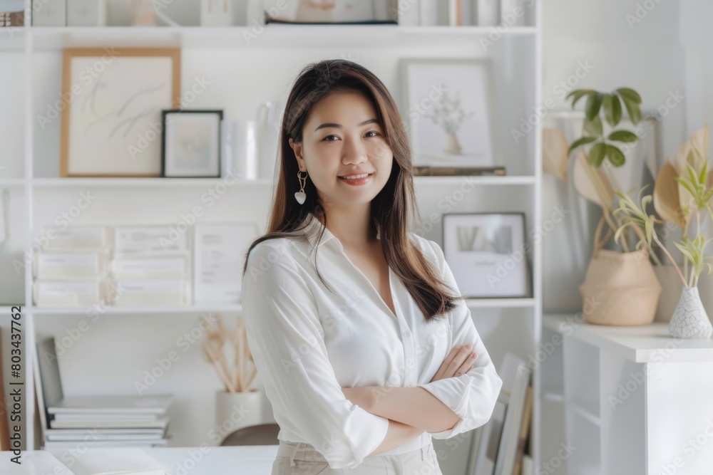 Professional young woman stands with arms crossed in a bright, stylish office, exuding confidence and poise, surrounded by contemporary decor and workplace essentials Professional young woman stands with arms crossed in a bright, stylish office, exuding confidence and poise, surrounded by contemporary decor and workplace essentials