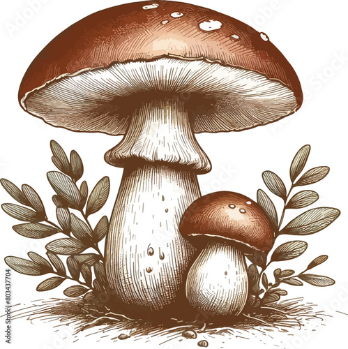 vector illustration of the mushrooms in the wood on the white background, in graphic style
