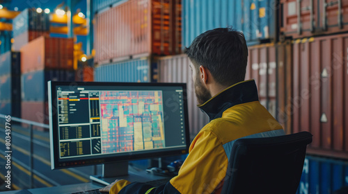 Close-up: Officer amidst cargo containers, computer showing shipment information.