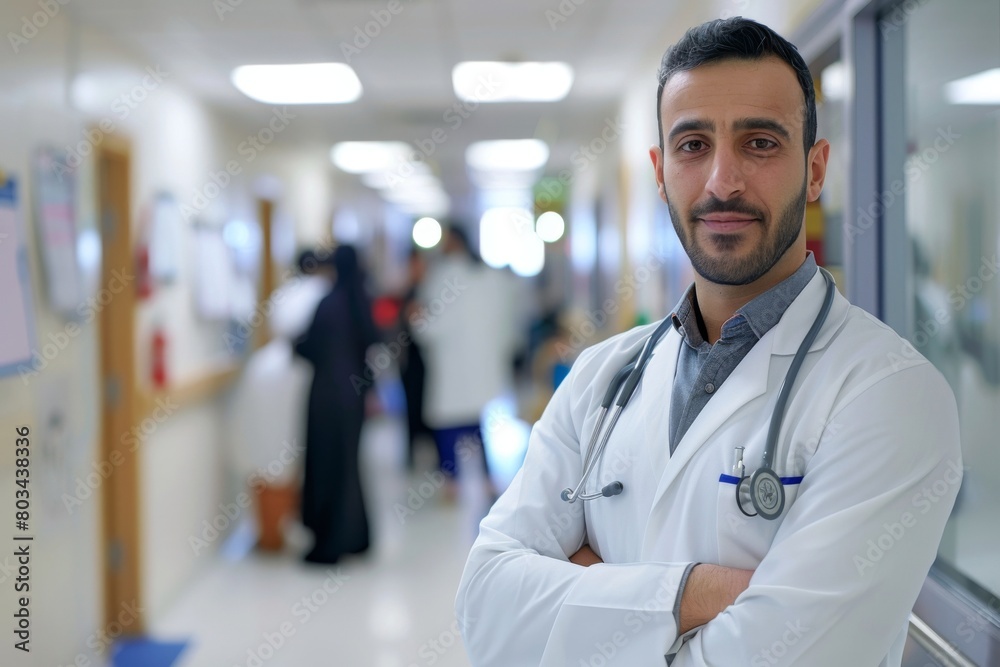 Professional male doctor with a stethoscope around his neck stands proudly in a hospital corridor, exuding confidence and readiness while other medical staff are busy in the background Professional male doctor with a stethoscope around his neck stands proudly in a hospital corridor, exuding confidence and readiness while other medical staff are busy in the background