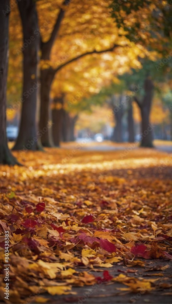 Golden, crimson, and amber foliage adorning an autumnal park scene, with a gentle blur in the background