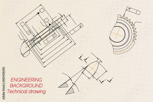 Mechanical engineering drawings on light background. Gear cutting tool. Technical Design. Cover. Blueprint. Vector illustration.