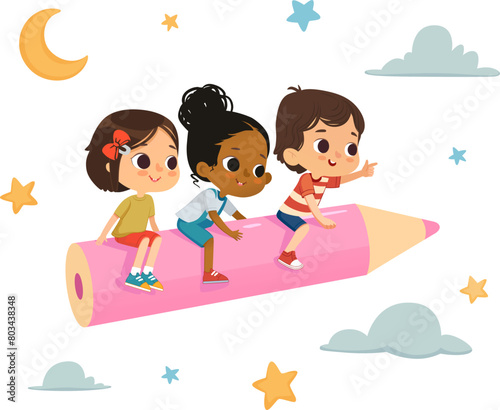 Multicultural Funny Kids Flying On Colorful Pencil. Imagination And Cognition Concept. Clouds And Stars in the Background. © FoxyImage