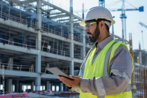 Professional construction engineer in safety gear attentively reviews plans on a digital tablet at a bustling building site with cranes and scaffolding in the background