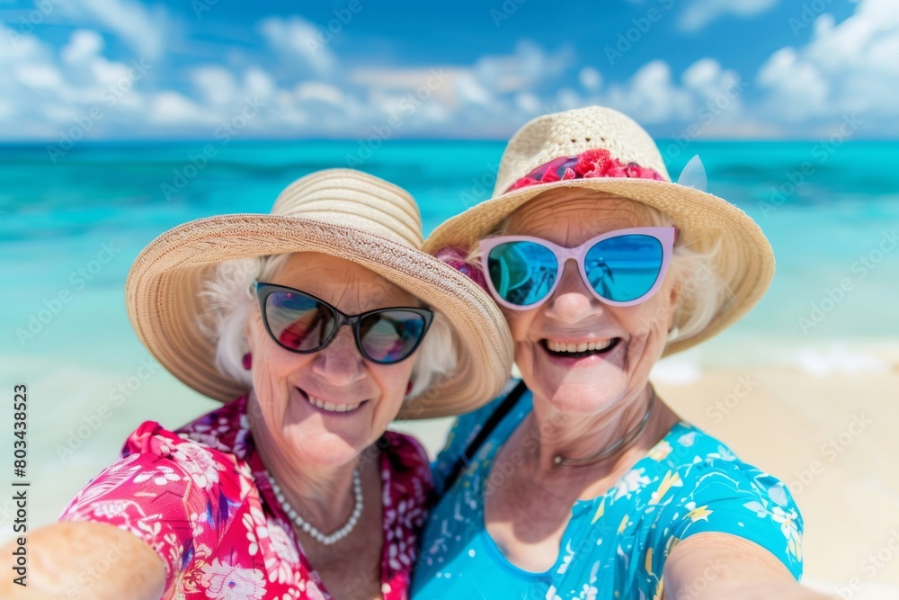 Two cheerful senior women wearing sun hats and sunglasses take a selfie on a bright sunny day, with the clear blue ocean and sky in the background of their tropical holiday