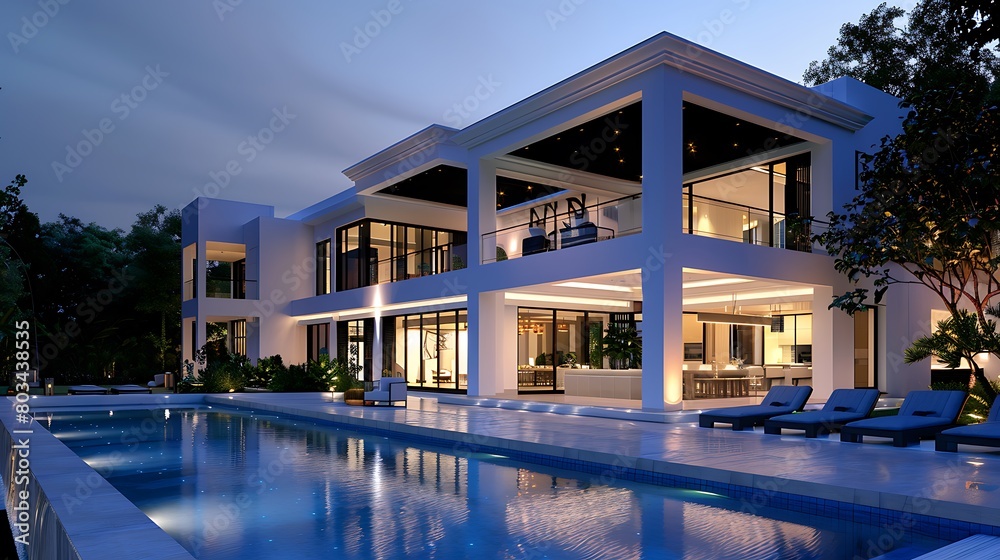 Evening view of a modern large white house with swimming pool