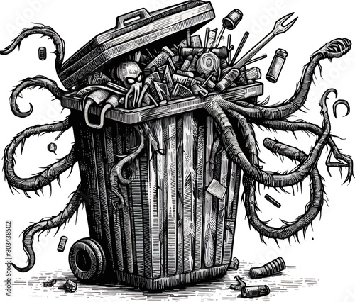 Littering garbage, pile of garbage in graphic style. Steel garbage bin full of trash, garbage can for bottles, glass, plastic and batteries, vector illustration isolated on white background