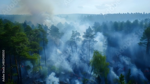 Warning Signs of Summer Fires  Smoke Rising from Dense Forest. Concept Forest Fires  Smoke Alerts  Summer Risks  Emergency Preparedness  Prevention Measures