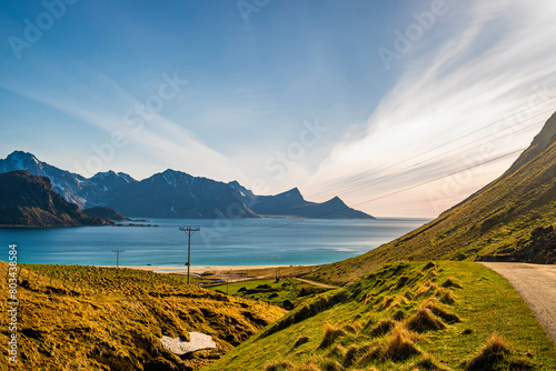 nature sceneries inside the area surroundings the Hauckland Beach, Leknes, Lofoten Islands, Norway, during the spring season photo