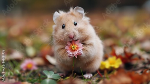  A hamster holding a flower, standing amidst a sea of leaves and blossoms, against a hazy backdrop