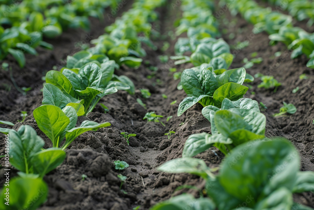 Obraz premium A field of green spinach leaves growing in neat rows.