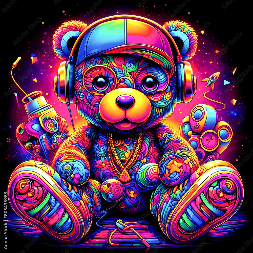 Digital art vibrant colorful cool psychedelic hiphop teddy bear