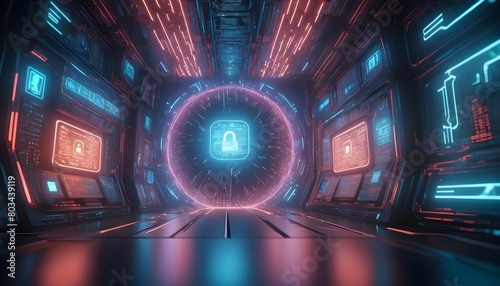 Futuristic Cybersecurity Interface with Digital Lock in a Vibrant Virtual Reality Tunnel, Illustrating Data Protection and Network Security Concepts in a Modern Technology © umar