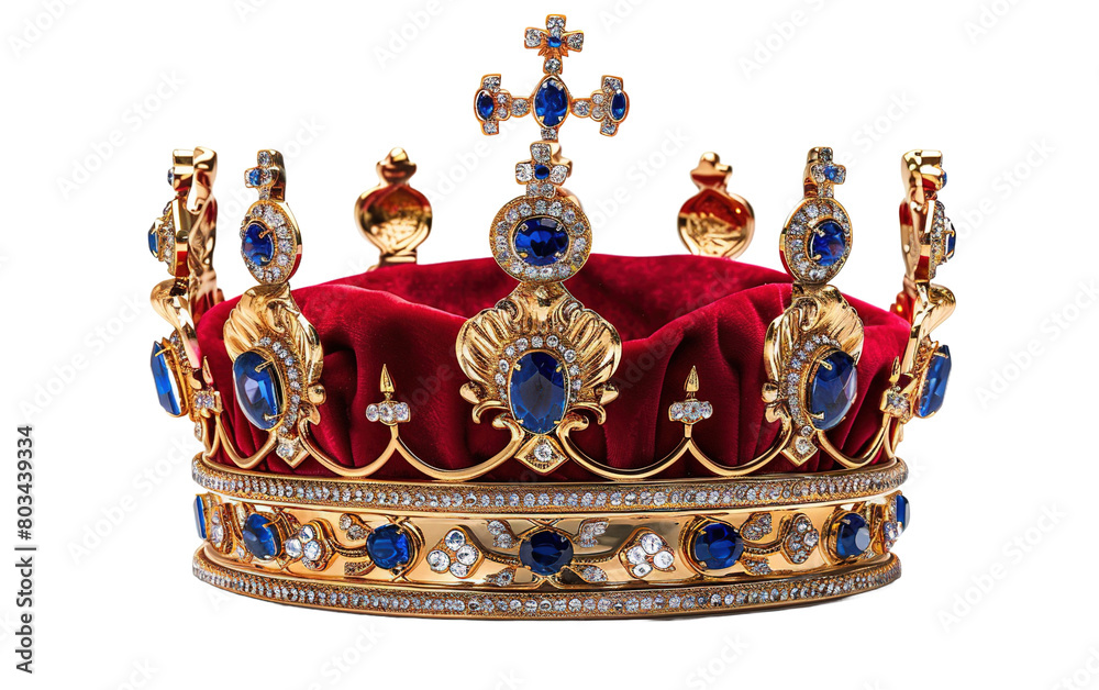 A crown with sapphire and red velvet on white background,png