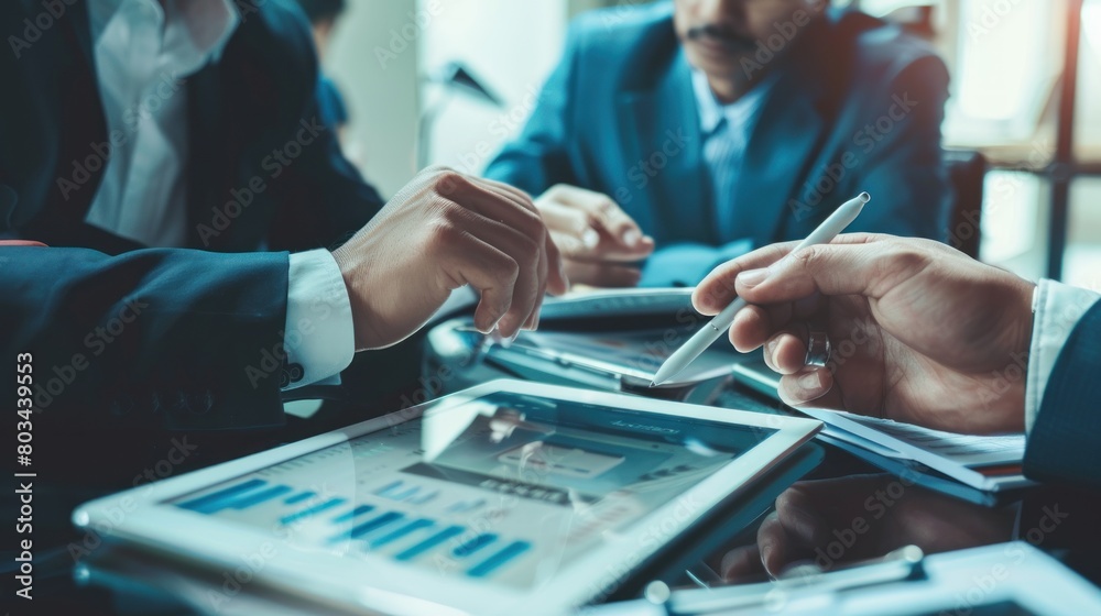 Portrait of business meeting analyzing financial charts on a tablet. generative AI image Portrait of business meeting analyzing financial charts on a tablet. generative AI image