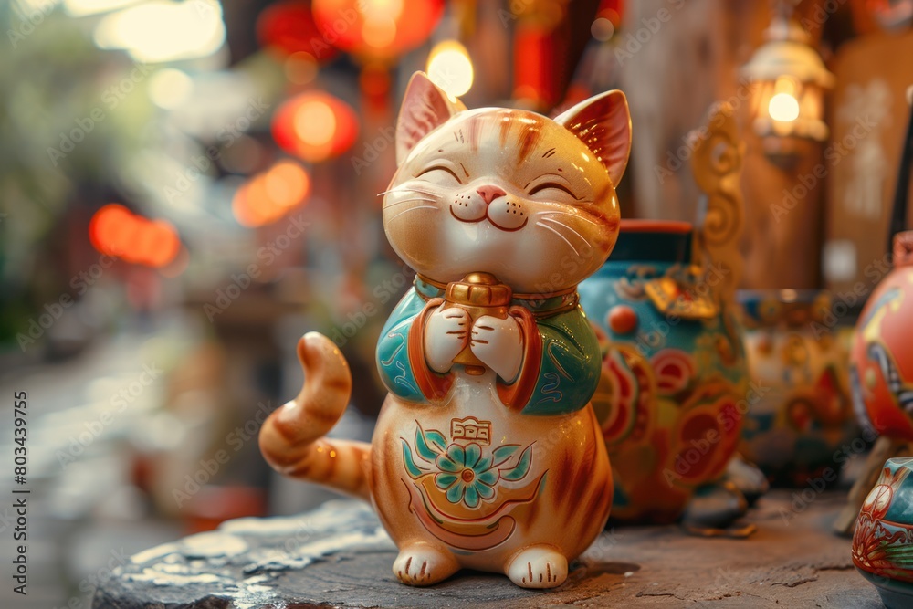 Tiny ceramic cat figurine in Chinese style, symbolizing luck and prosperity in Asian folklore.