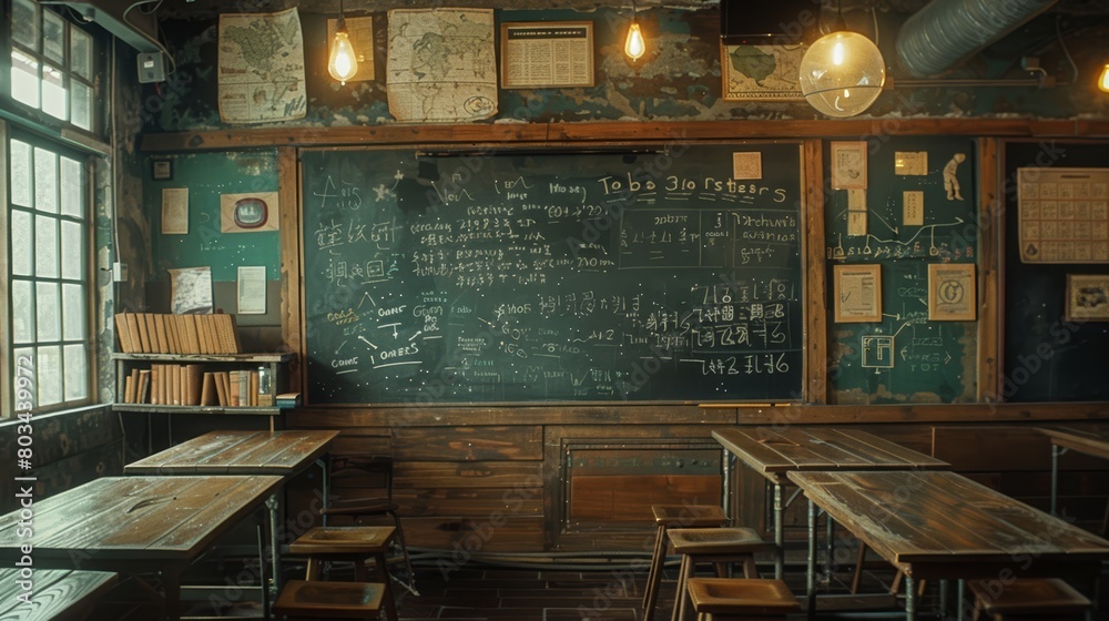 Old Classroom Blackboard Filled with Mathematical Formulas