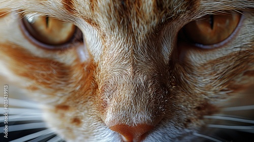  A detailed shot of a feline's visage showcasing a bicolor stripe beneath its chin photo
