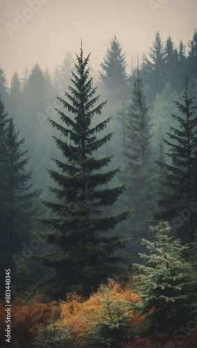 Illustration of a misty fir forest landscape with a vintage retro vibe.
