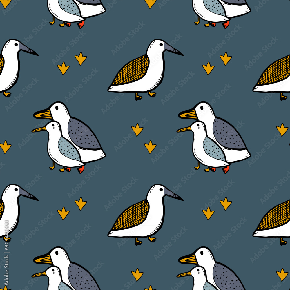 Obraz premium Seagull celestial bird minimalist artistic fashionable doodle boho modern vector seamless pattern