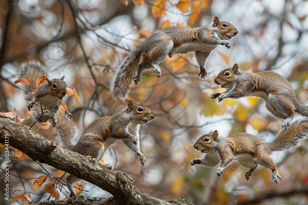 A family of squirrels playfully chasing each other among the tree branches.