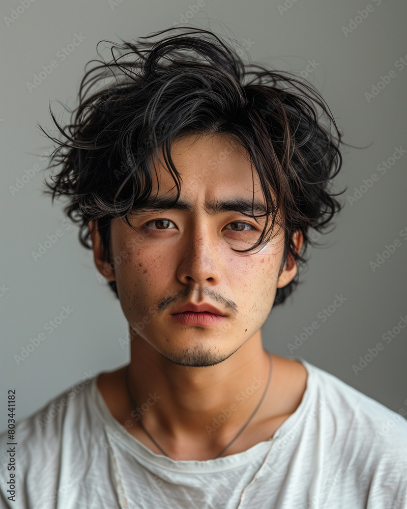Beautiful pretty asian young male, 3/4 portrait, stylish beauty hair and natural elegance. Skin care, hair design, studio shot
