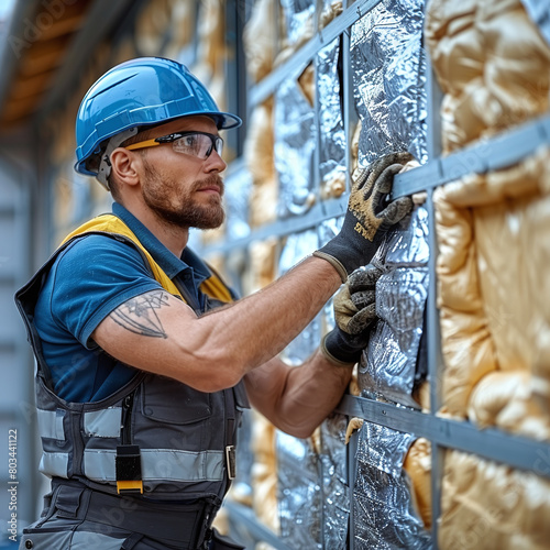 Construction worker works on insulating house facade photo