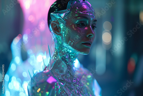 AI generated illustration of a woman engulfed in holographic projections in a dimly lit space