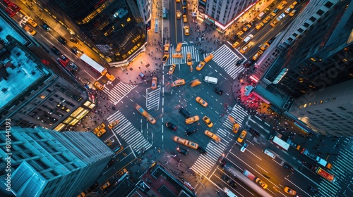 Overhead shot of a bustling city crosswalk with yellow taxis and pedestrians, capturing the vibrant urban life during rush hour. Resplendent. © Summit Art Creations