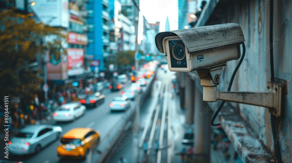 A CCTV camera mounted on a wall, overlooking a busy street, providing security surveillance in urban environments A CCTV camera mounted on a wall, overlooking a busy street, providing security surveillance in urban environments