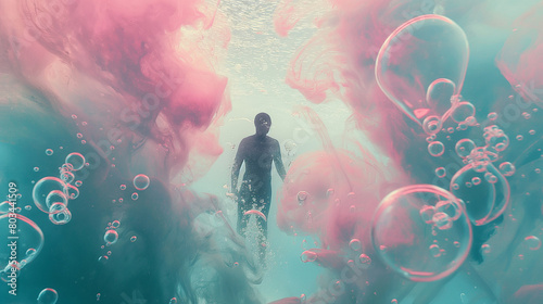 Dreamlike underwater scene with vibrant pink hues and surreal bubbles