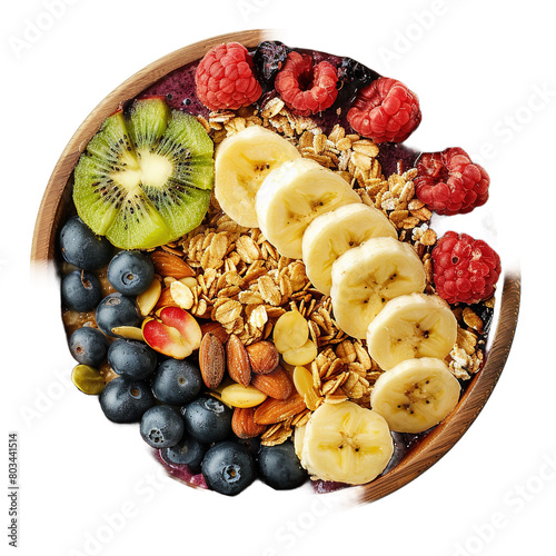 Aerial view aa bowl with fruits kiwi apple banana on white background,png photo