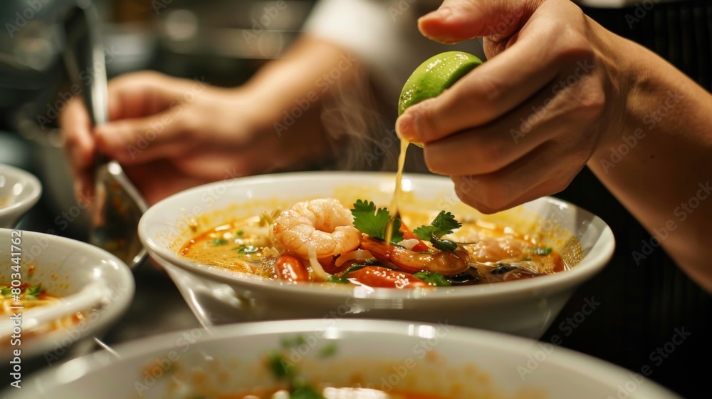 A chef adding a squeeze of fresh lime juice to a bowl of tom yum goong soup, balancing the flavors and enhancing the citrusy tang A chef adding a squeeze of fresh lime juice to a bowl of tom yum goong soup, balancing the flavors and enhancing the citrusy tang