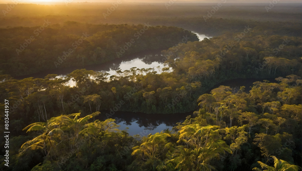 Immerse in the majesty, the Amazon rainforest bathed in golden hues at sunrise, evoking a sense of adventure and exploration from a breathtaking aerial perspective.