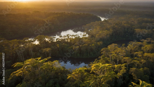 Immerse in the majesty  the Amazon rainforest bathed in golden hues at sunrise  evoking a sense of adventure and exploration from a breathtaking aerial perspective.