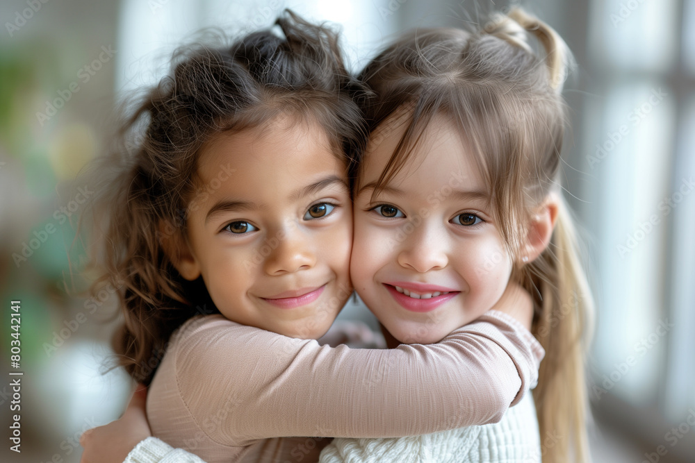 With beaming smiles, two young girls hug tightly, their innocent friendship blossoming on Friendship Day With beaming smiles, two young girls hug tightly, their innocent friendship blossoming on Friendship Day