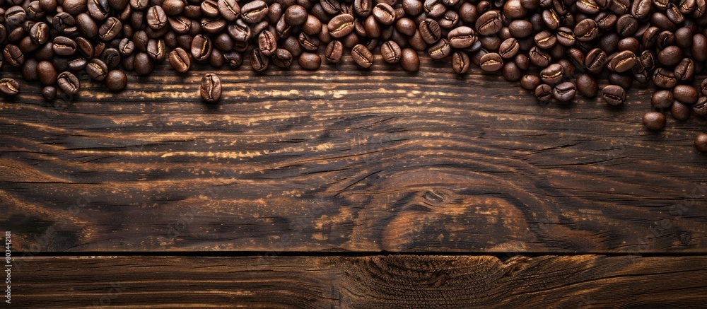 Top view of roasted coffee beans on a dark wooden table, with a backdrop of aromatic brown coffee beans spread across the area. Plenty of space for text. Top view of roasted coffee beans on a dark wooden table, with a backdrop of aromatic brown coffee beans spread across the area. Plenty of space for text.