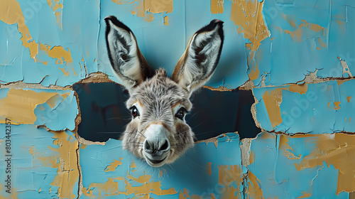 portrait donkey looking throuhg a hole in a blue wallpaper photo