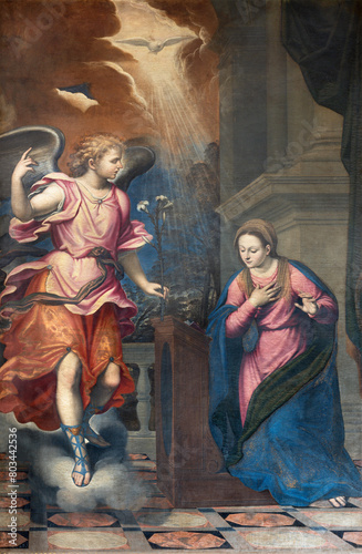 MILAN, ITALY - MARCH 6, 2024: The painting of Annunciation in the chruch Chiesa di Santa Maria della Passione by Simone Peterzano from 16. cent. 