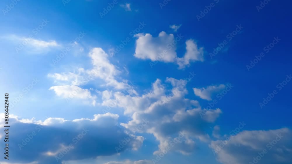 Soft fluffy clouds are lit with bright summer sun. Beautiful cloudscape transforms in the sky. Low angle view. Timelapse. Soft fluffy clouds are lit with bright summer sun. Beautiful cloudscape transforms in the sky. Low angle view. Timelapse.