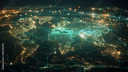 A digital world map with lines of communication connecting continents, illustrating seamless global connectivity without borders.