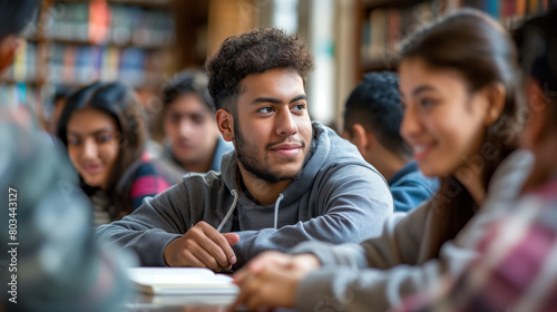 A group of students engaged in a lively discussion or studying together in a library or classroom setting. This image symbolizes the pursuit of knowledge, personal growth, and academic achievement.