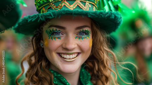 A lively Saint Patrick's Day parade, with floats, marching bands, and revelers dressed in green, dancing and cheering in celebration of Irish culture and heritage.