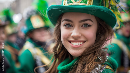A lively Saint Patrick's Day parade, with floats, marching bands, and revelers dressed in green, dancing and cheering in celebration of Irish culture and heritage.