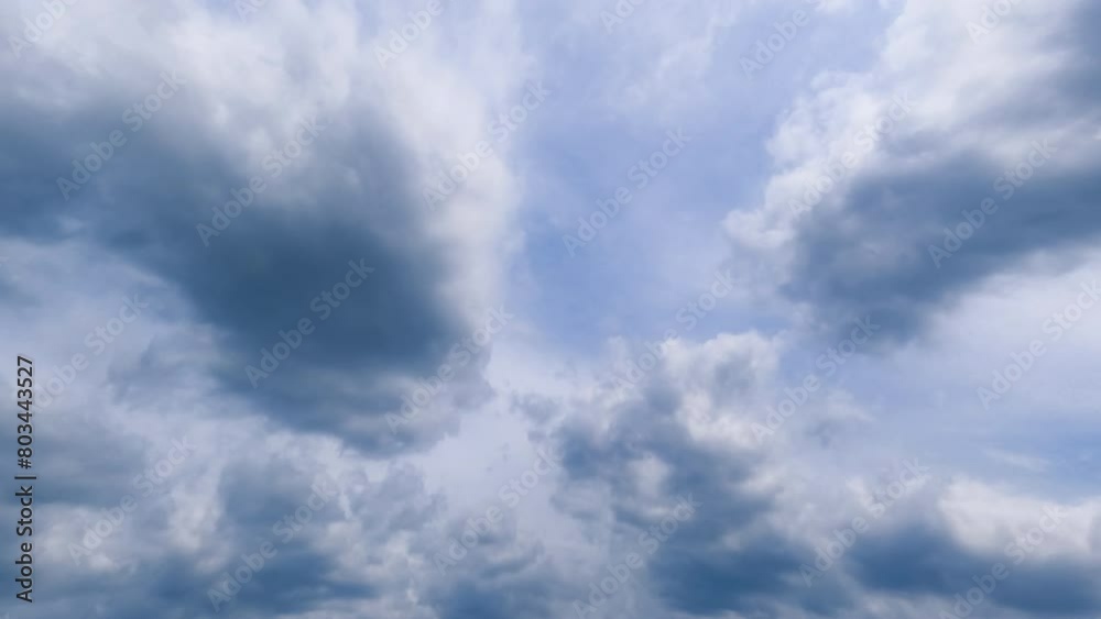 Heavy thick cloudscape accumulating in the atmosphere. Dramatic rainy clouds gather in the sky. Low angle view. Timelapse.