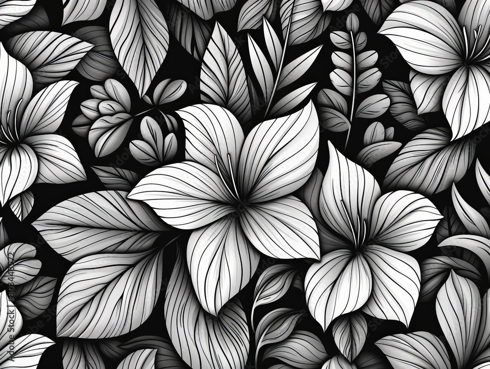 Black and White Floral Pattern With Leaves