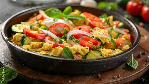 Vibrant veggie scramble with red peppers onions and zucchini perfect breakfast choice. Concept Breakfast Recipe, Veggie Scramble, Colorful Ingredients, Healthy Eating